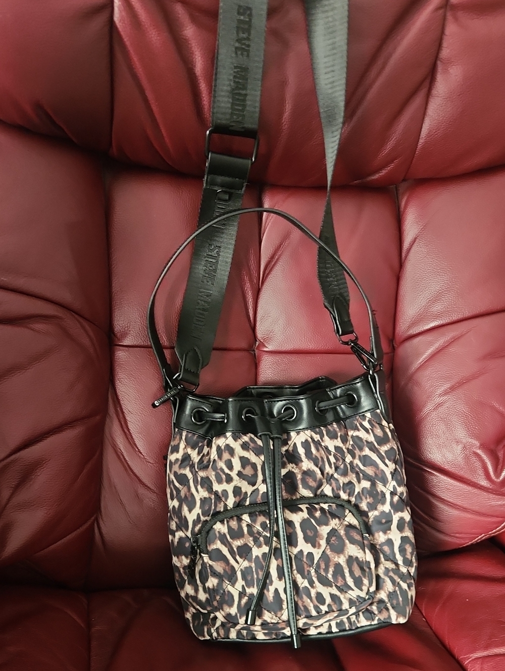 Steve Madden Leopard-Print Drawstring Bucket Bag - Brown/Black